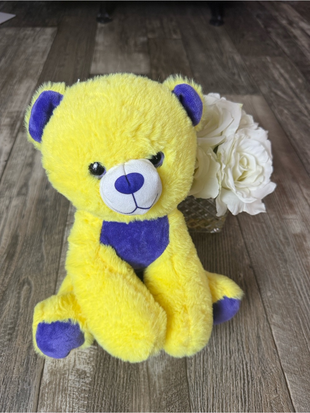 Plush Yellow Teddy Bear with Purple Accents - Kids Stuffed Animal